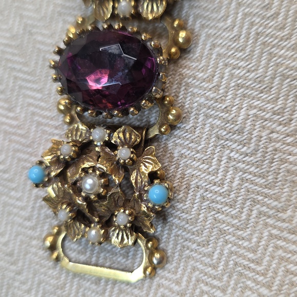 Vintage Purple Glass Chunky Book Chain Bracelet, Gold toned, 1950's 1960's SZ 7 - Picture 3 of 9